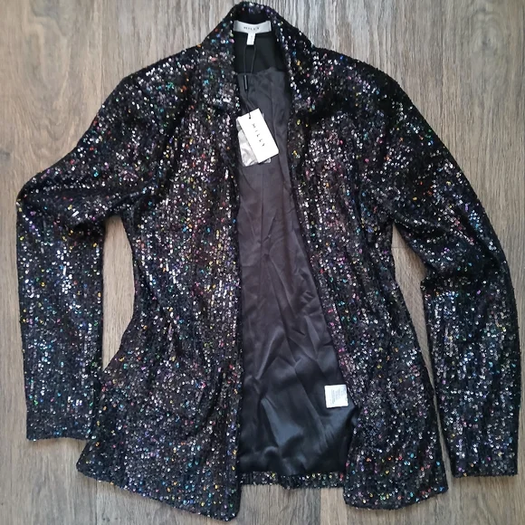 NWT MILLY Confetti Sequin Fitted Blazer in Black Multi - Picture 5 of 16